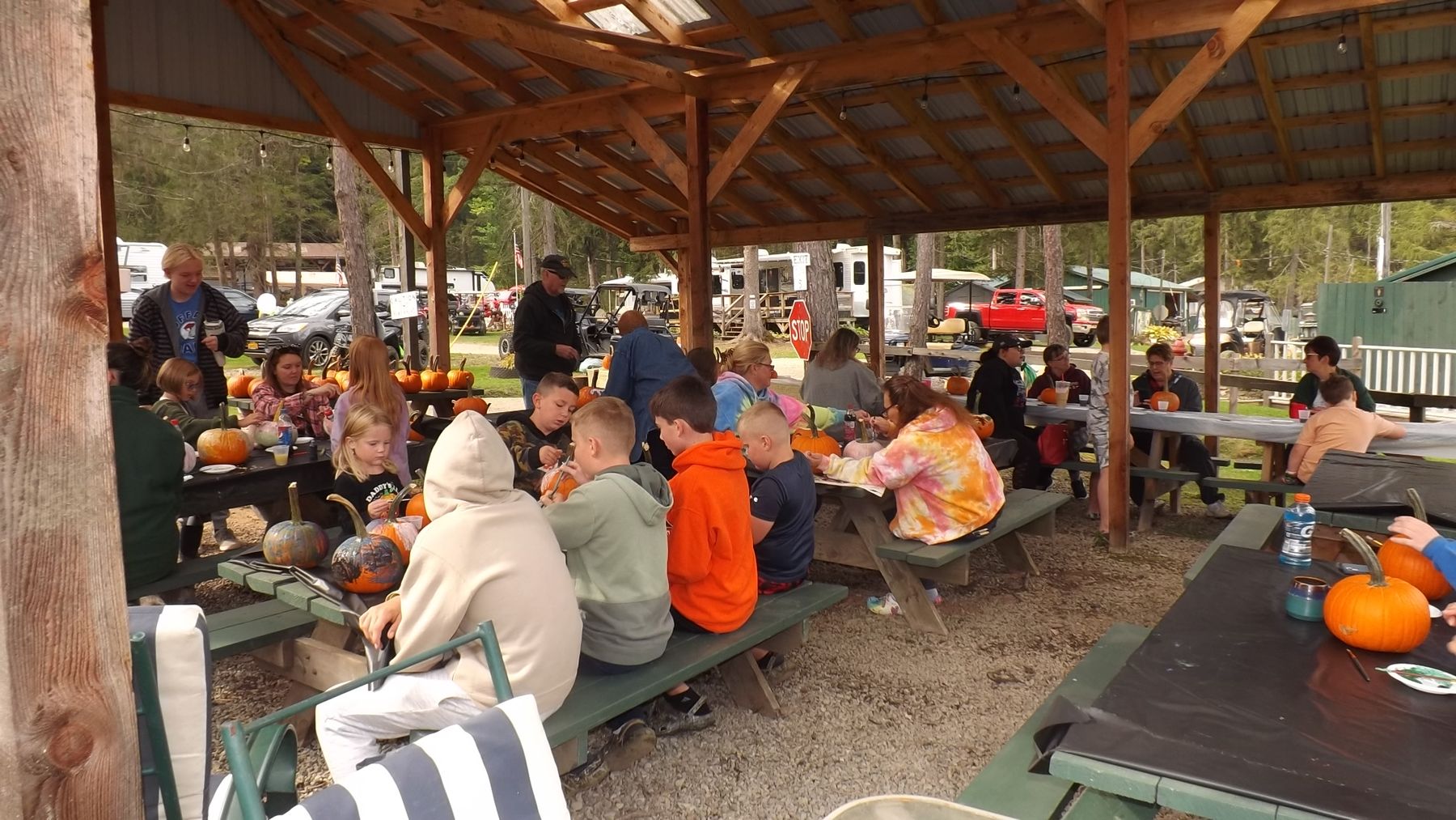 Campers gathered for a meal in the pavilion